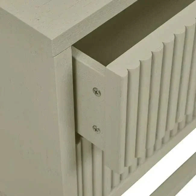 Close-up of Putty Benjamin Ripple Bedside drawer with textured ripple motif and timber construction
