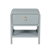 Charles Bedside in dusty blue with one drawer, open shelf, soft waterfall edges, leather handle, and minimalist design