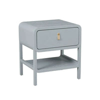 Charles Bedside in dusty blue with soft edges, single drawer, open shelf, and leather handle, minimalist design