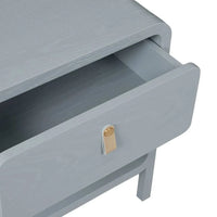 Charles Bedside in dusty blue with leather handle, one drawer, one shelf, and minimalist waterfall edge design
