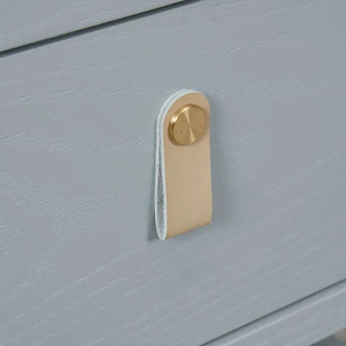 Close-up of Charles Bedside in Dusty Blue showing leather handle and drawer detail