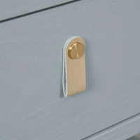 Close-up of Charles Bedside in Dusty Blue showing leather handle and drawer detail