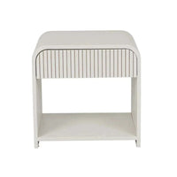 Globe Chloe Bedside in bone ash veneer with curved case, slatted drawer, and open shelf for bedroom storage