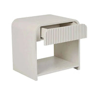 Globe Chloe Bedside in bone ash veneer with curved case, slatted drawer, and open shelf storage