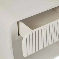 Globe Chloe Bedside in bone color with curved ash veneer frame and slatted drawer partially open showing storage space