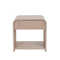 GlobeWest Chloe Channel Bedside in chai ash veneer with curved case, slatted drawer, and open shelf storage