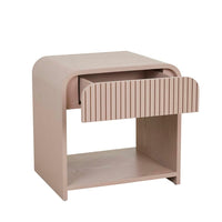GlobeWest Chloe Channel Bedside in chai with curved case and open shelf