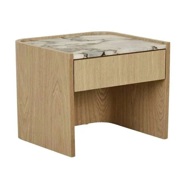 GlobeWest Elsie Bedside with matt ocean marble top and natural ash veneer, featuring a single drawer and curved edges