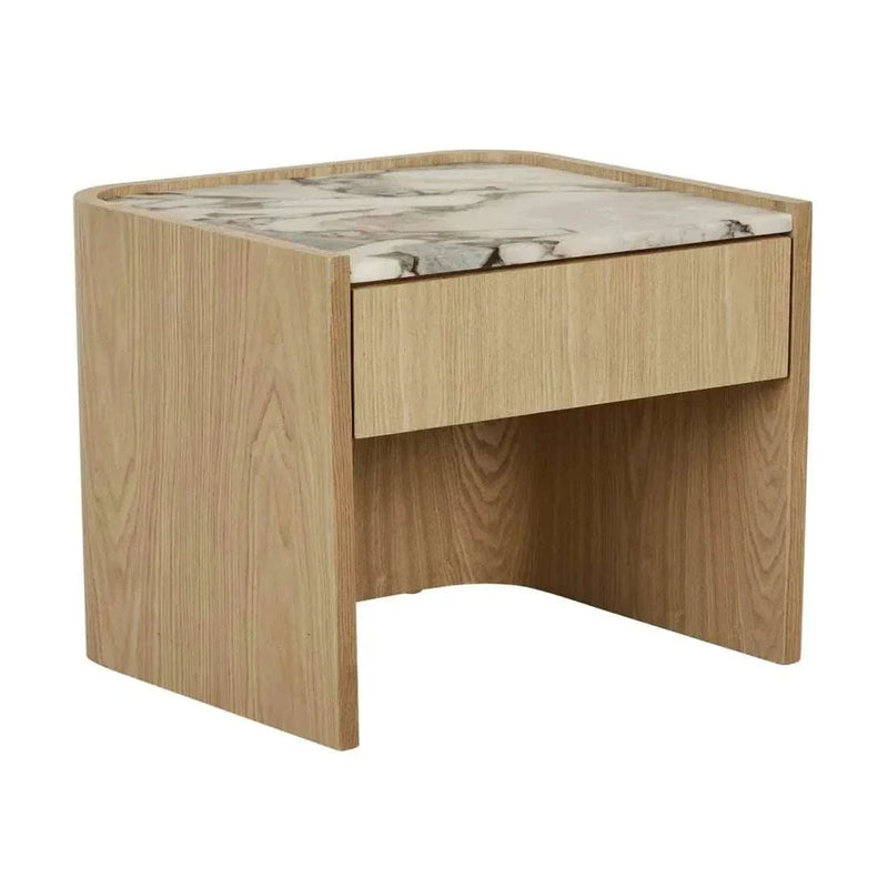 GlobeWest Elsie Bedside table with ocean marble top and natural ash veneer, featuring soft curved corners and a storage drawer