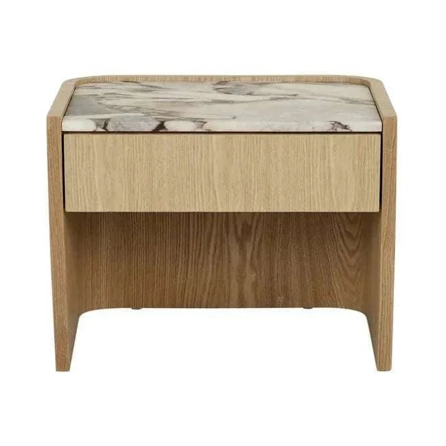 GlobeWest Elsie Bedside table with matt ocean marble top and natural ash wood veneer, featuring a single drawer and curved back corners.