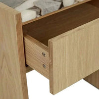GlobeWest Elsie bedside table with natural ash veneer and open drawer showing wood grain details