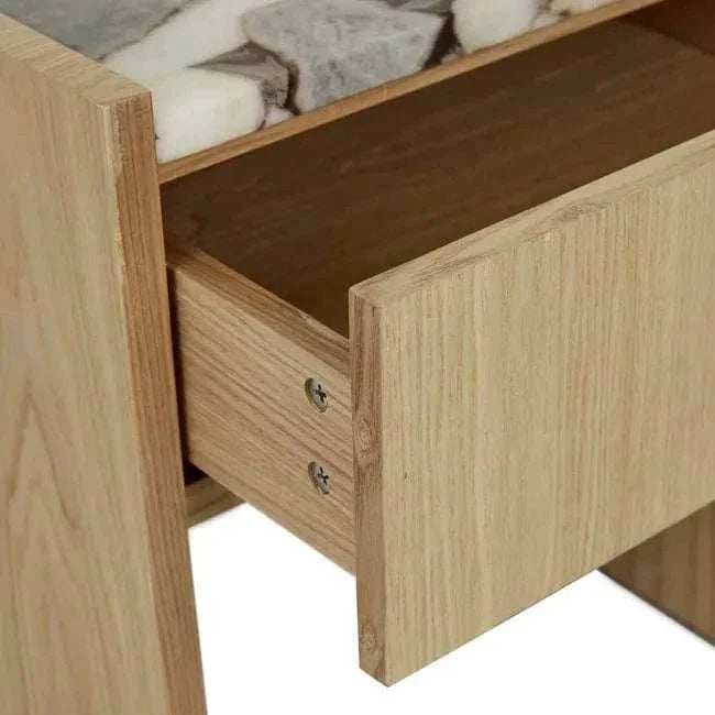 GlobeWest Elsie bedside table with natural ash veneer and open drawer showing wood grain details