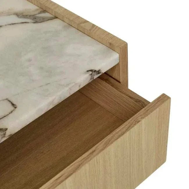 Close-up of GlobeWest Elsie Bedside featuring a matt ocean marble top and natural ash drawer with soft close runners
