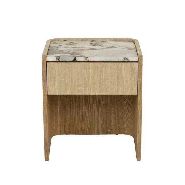 GlobeWest Elsie Bedside with matt ocean marble top and natural ash veneer, featuring a soft-close drawer and curved edges.