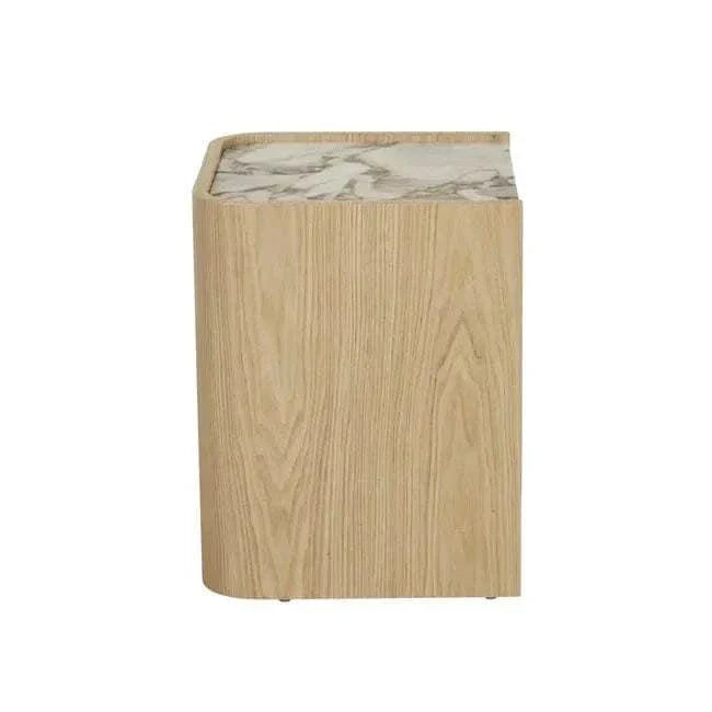 Side view of GlobeWest Elsie Bedside featuring natural ash veneer with matt ocean marble top and gently curved back corners