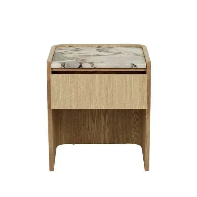 GlobeWest Elsie bedside table with matt ocean marble top and natural ash veneer, featuring soft curved edges and a drawer for storage