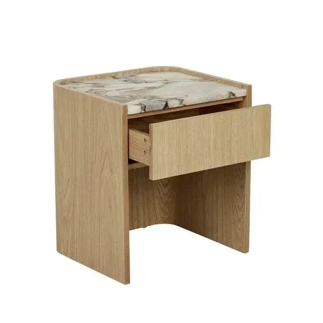 GlobeWest Elsie Bedside with matt ocean marble top and natural ash veneer, featuring a single drawer and soft curved back corners.