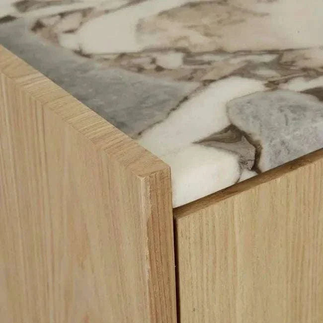 Close-up of GlobeWest Elsie Bedside showing matt ocean marble top and natural ash veneer sides with soft close runners