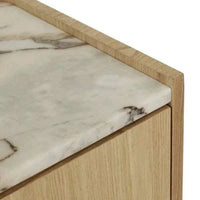 Close-up of GlobeWest Elsie Bedside with matt ocean marble top and natural ash veneer frame