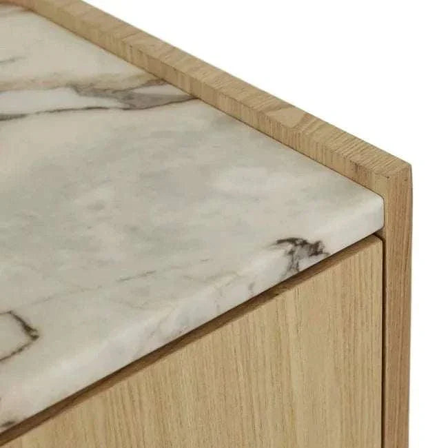 Close-up of GlobeWest Elsie Bedside with matt ocean marble top and natural ash veneer frame