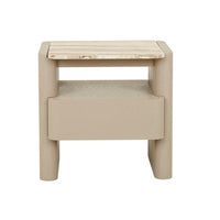 GlobeWest Floyd Marble Bedside - Onyx Travertine - Sunwash, styled in a room setting