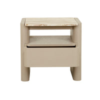 GlobeWest Floyd Marble Bedside - Onyx Travertine - Sunwash, styled in a room setting