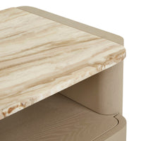 GlobeWest Floyd Marble Bedside - Onyx Travertine - Sunwash, styled in a room setting