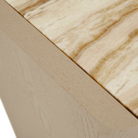 GlobeWest Floyd Marble Bedside - Onyx Travertine - Sunwash, styled in a room setting