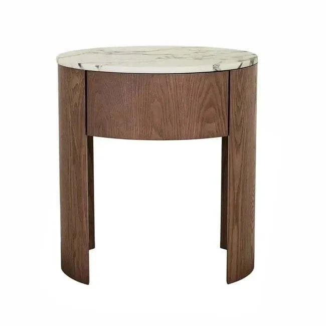 GlobeWest Oberon Crescent bedside table with white Carrara marble top and smoked ash ash veneer curved legs and drawer