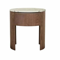 GlobeWest Oberon Crescent bedside table with white Carrara marble top and smoked ash ash veneer base and drawer