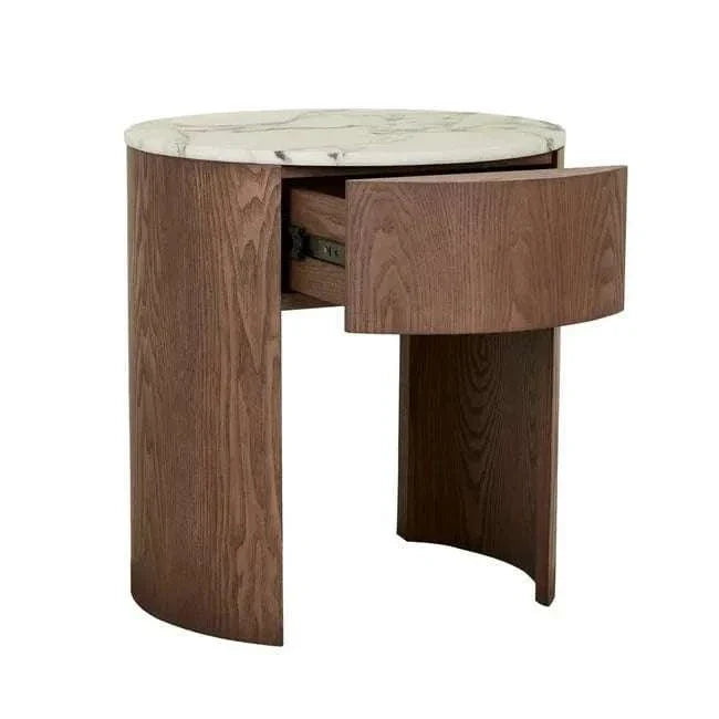 GlobeWest Oberon Crescent bedside table with white Carrara marble top and smoked ash timber veneer body with one drawer.
