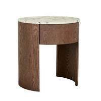 GlobeWest Oberon Crescent marble bedside table with smoked ash ash veneer base and white Carrara marble top, modern design with one drawer.