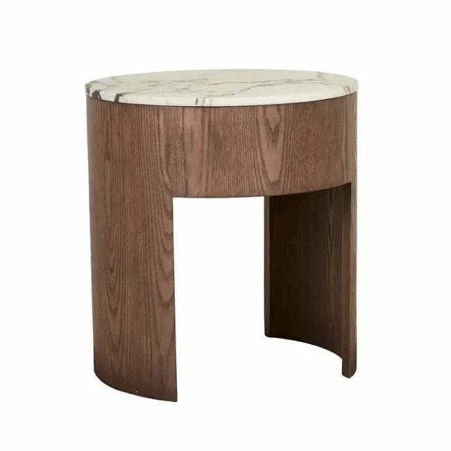 GlobeWest Oberon Crescent bedside table with white Carrara marble top and smoked ash ash veneer curved base.