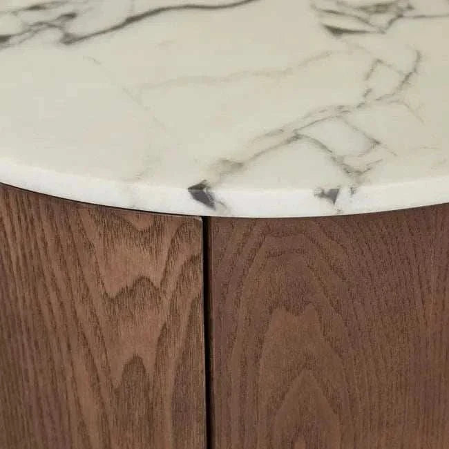 GlobeWest Oberon Crescent bedside table with white Carrara marble top and smoked ash timber veneer base