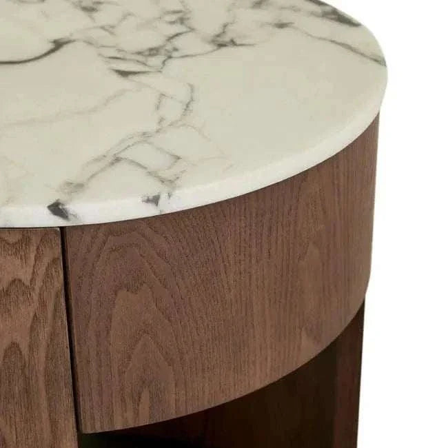 GlobeWest Oberon Crescent bedside table with white Carrara marble top and smoked ash ash veneer base
