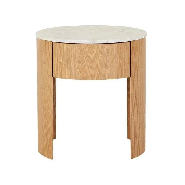 GlobeWest Oberon Crescent bedside table with white Carrara marble top and natural ash timber veneer legs and case, featuring one drawer and soft close runners.