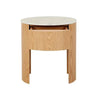 GlobeWest Oberon Crescent bedside table with white Carrara marble top and natural ash veneer timber base, featuring one drawer and soft close runners.