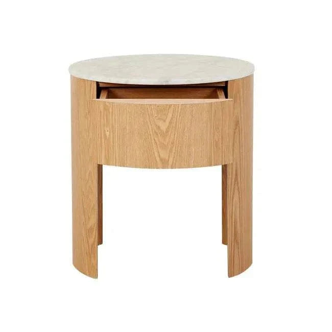 GlobeWest Oberon Crescent bedside table with white Carrara marble top and natural ash veneer timber base, featuring one drawer and soft close runners.