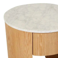 GlobeWest Oberon Crescent bedside table with white Carrara marble top and natural ash timber veneer base and drawer