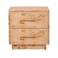 Trove Burl Bedside Table with light burl veneer and gold-tone brass handles, featuring two spacious drawers and mid-century modern design.