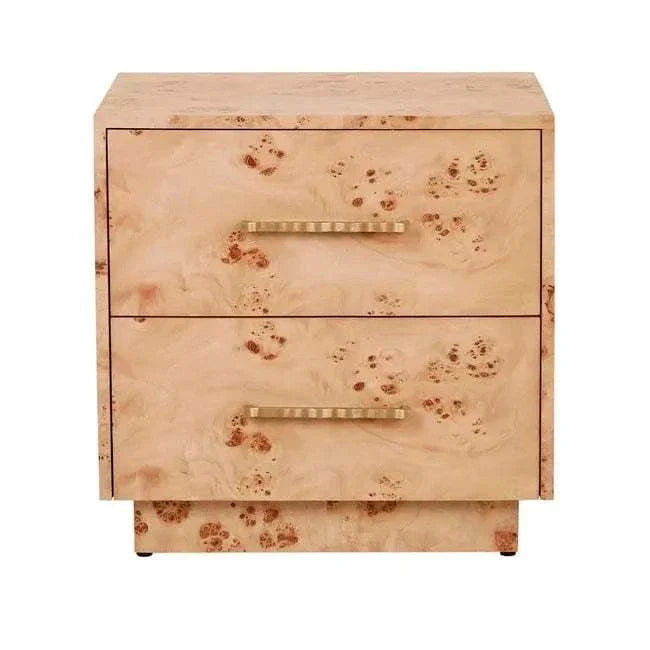 Trove Burl Bedside Table with light burl veneer and gold-tone brass handles, featuring two spacious drawers and mid-century modern design.