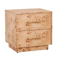 Trove Burl Bedside Table in light burl veneer with two drawers and gold-tone brass handles