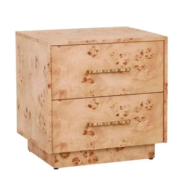 Trove Burl Bedside Table in light burl veneer with two drawers and gold-tone brass handles