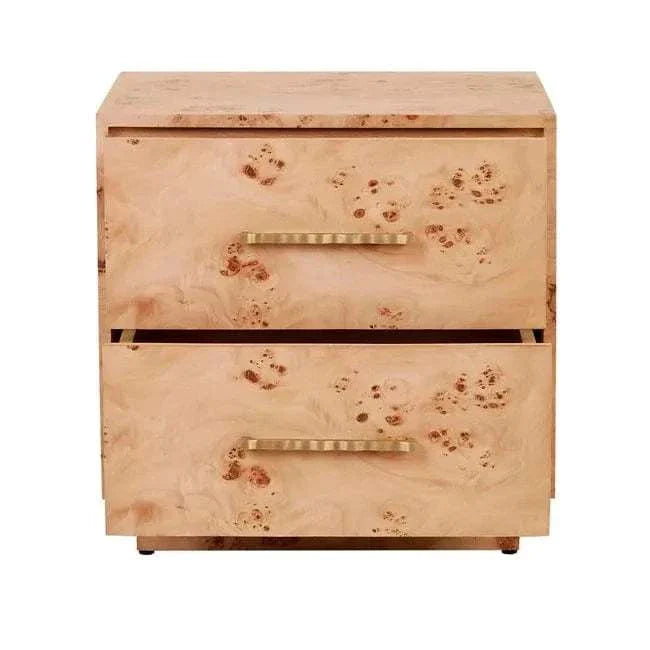 Trove Burl Bedside Table with light burl veneer, two drawers with gold-tone brass handles, mid-century modern design.