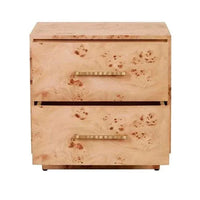Trove Burl Bedside Table in light burl veneer with two drawers and gold-tone brass handles, mid-century modern design.