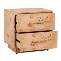 Light burl veneer Trove Burl Bedside Table with two drawers and gold brass handles, mid-century modern design