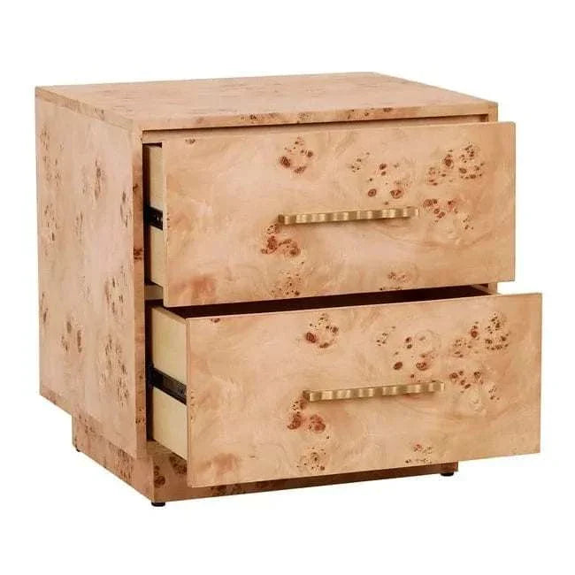 Light burl veneer Trove Burl Bedside Table with two drawers and gold brass handles, mid-century modern design
