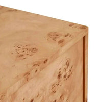 Close-up of light burl veneer finish on Trove Burl Bedside Table corner with natural grain patterns