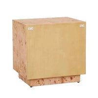 Trove Burl Bedside Table in light burl veneer with mid-century design and brass handles, featuring two drawers for storage.
