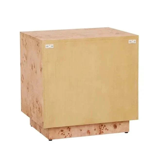 Trove Burl Bedside Table in light burl veneer with mid-century design and brass handles, featuring two drawers for storage.